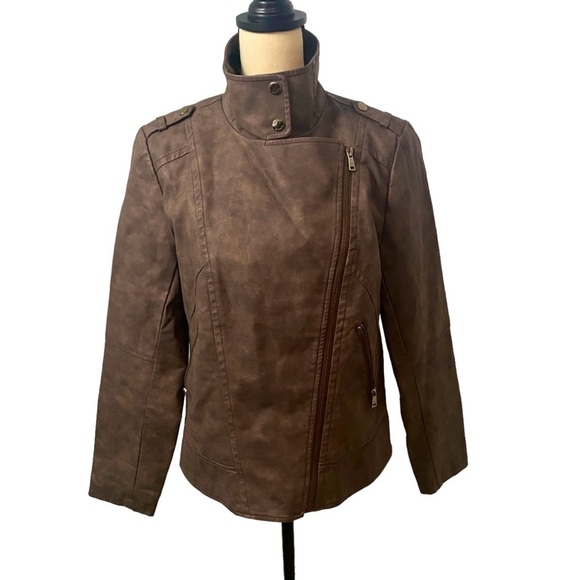 Catherine Malandrino Women’s Faux Leather Brown Jacket Sz Large - Picture 2 of 15